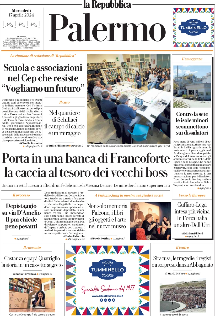 prima pagina - La Repubblica (Palermo) del 17/04/2024