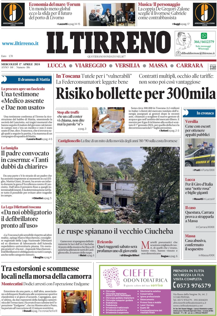 prima pagina - Il Tirreno (Lucca, Viareggio) del 17/04/2024