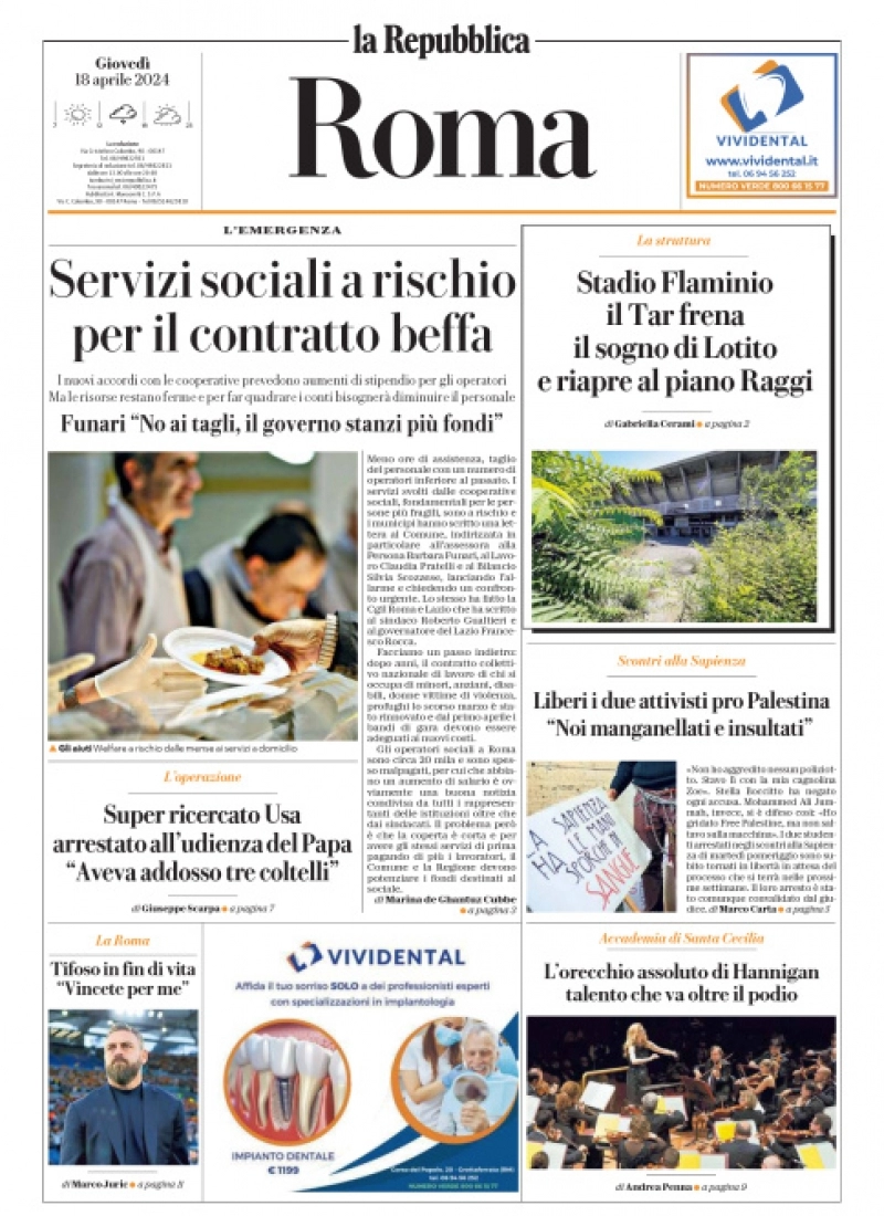 prima pagina - La Repubblica (Roma) del 18/04/2024