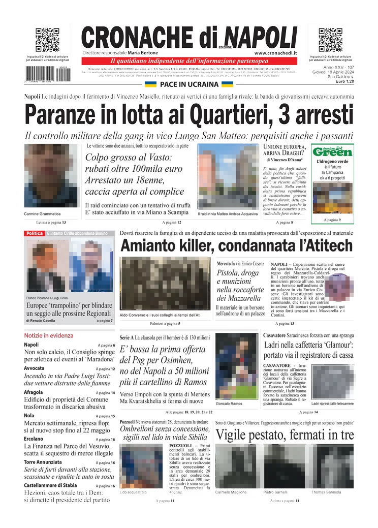 anteprima della prima pagina di cronache-di-napoli del 18/04/2024