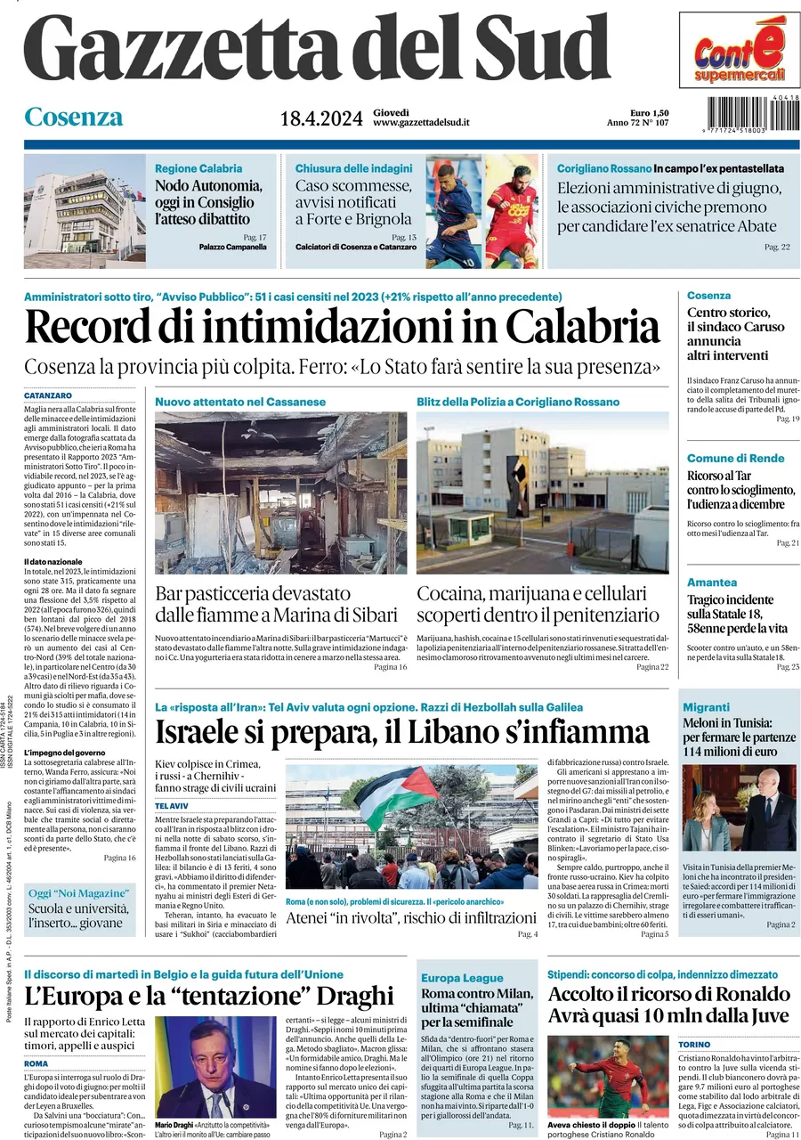 prima pagina - Gazzetta del Sud (Cosenza) del 18/04/2024