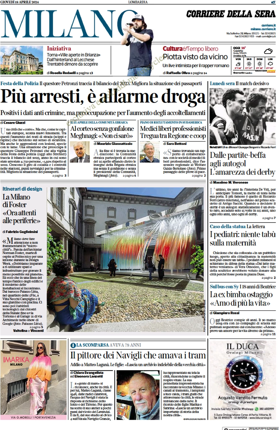 prima pagina - Corriere della Sera (Milano) del 18/04/2024