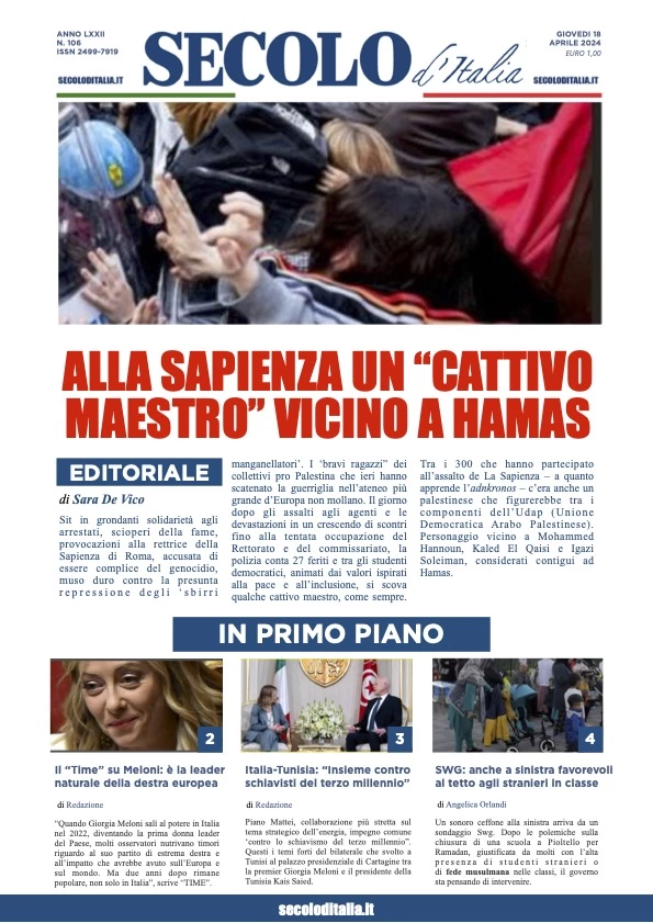 prima pagina - Secolo d'Italia del 18/04/2024