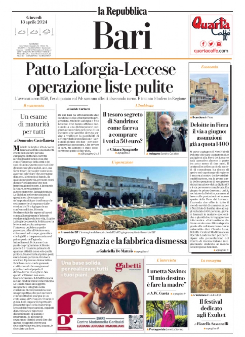 prima pagina - La Repubblica (Bari) del 18/04/2024