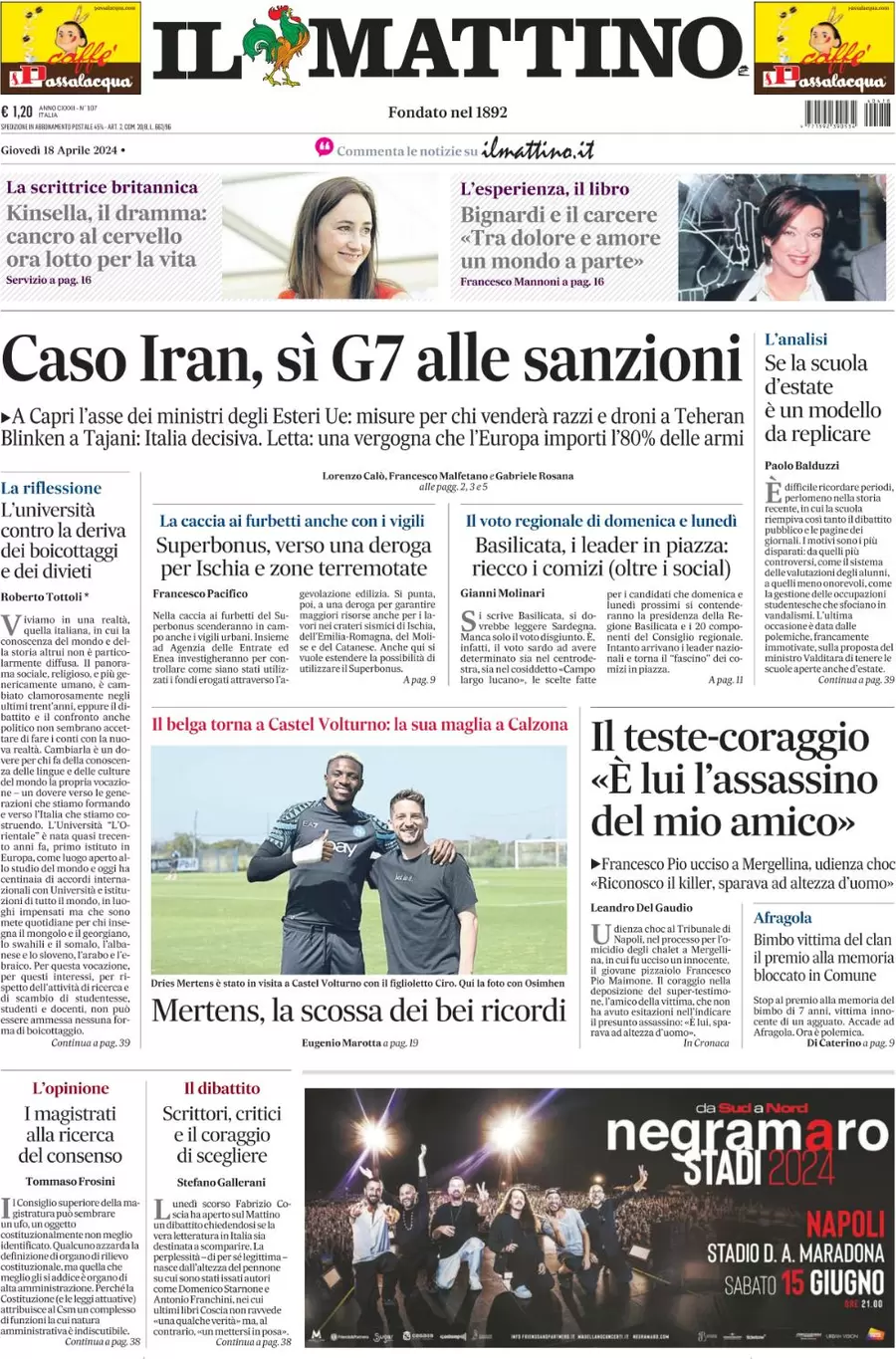 anteprima della prima pagina di il-mattino del 18/04/2024