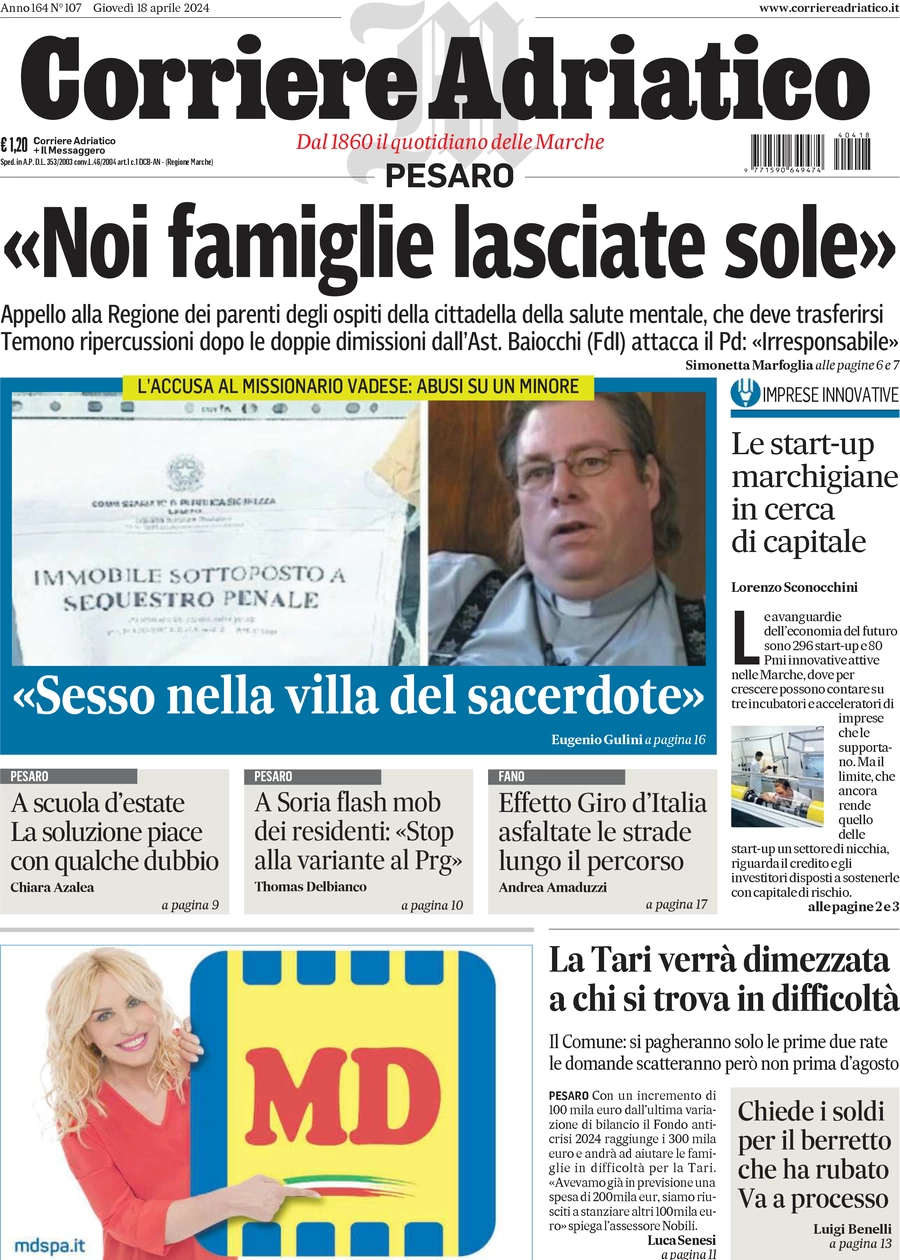 prima pagina - Corriere Adriatico (Pesaro) del 18/04/2024