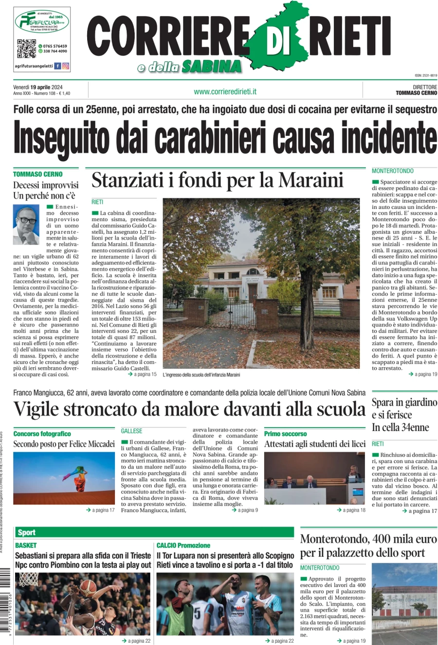 prima pagina - Corriere di Rieti e della Sabina del 19/04/2024