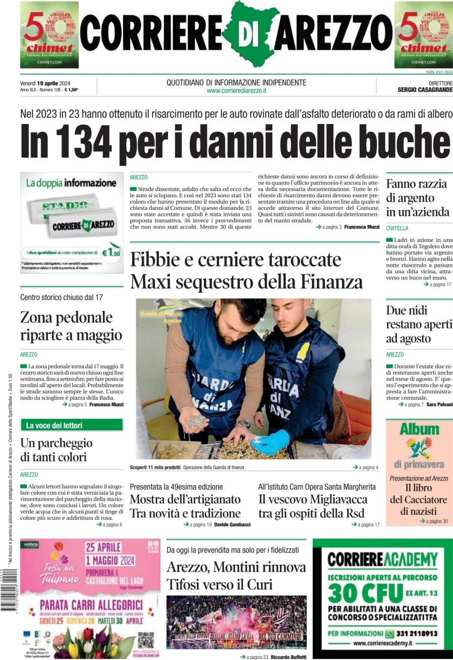 prima pagina - Corriere di Arezzo del 19/04/2024