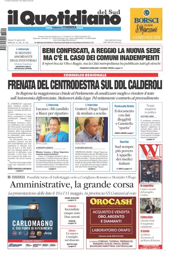 prima pagina - Il Quotidiano del Sud (Cosenza) del 19/04/2024