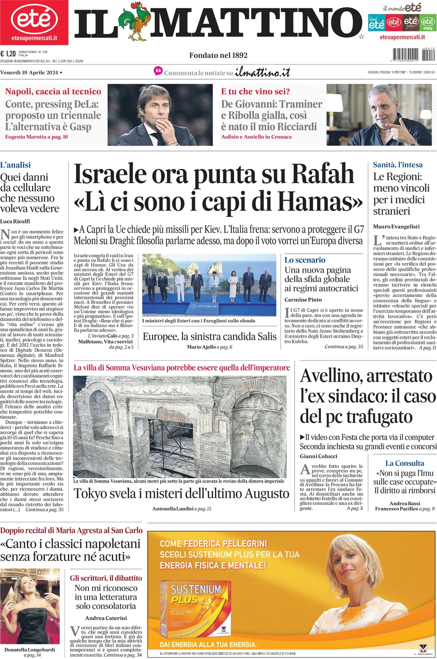 anteprima della prima pagina di il-mattino del 19/04/2024