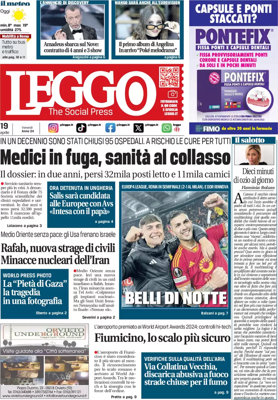 anteprima della prima pagina di leggo-roma del 19/04/2024