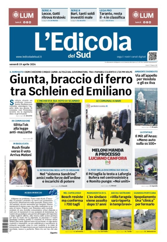 prima pagina - L'Edicola del Sud (Bari, Foggia, Basilicata) del 19/04/2024