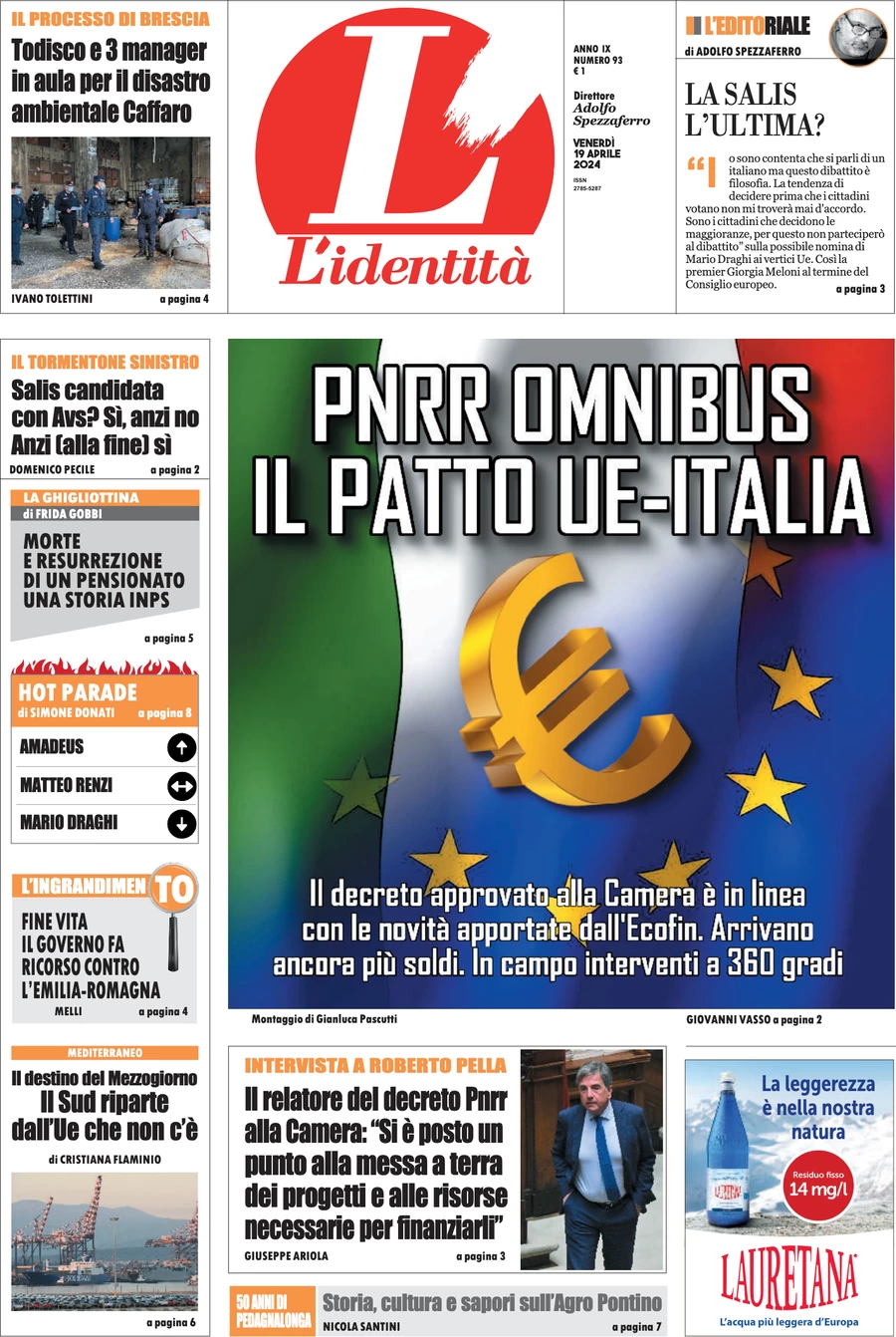 anteprima della prima pagina di lidentit del 19/04/2024