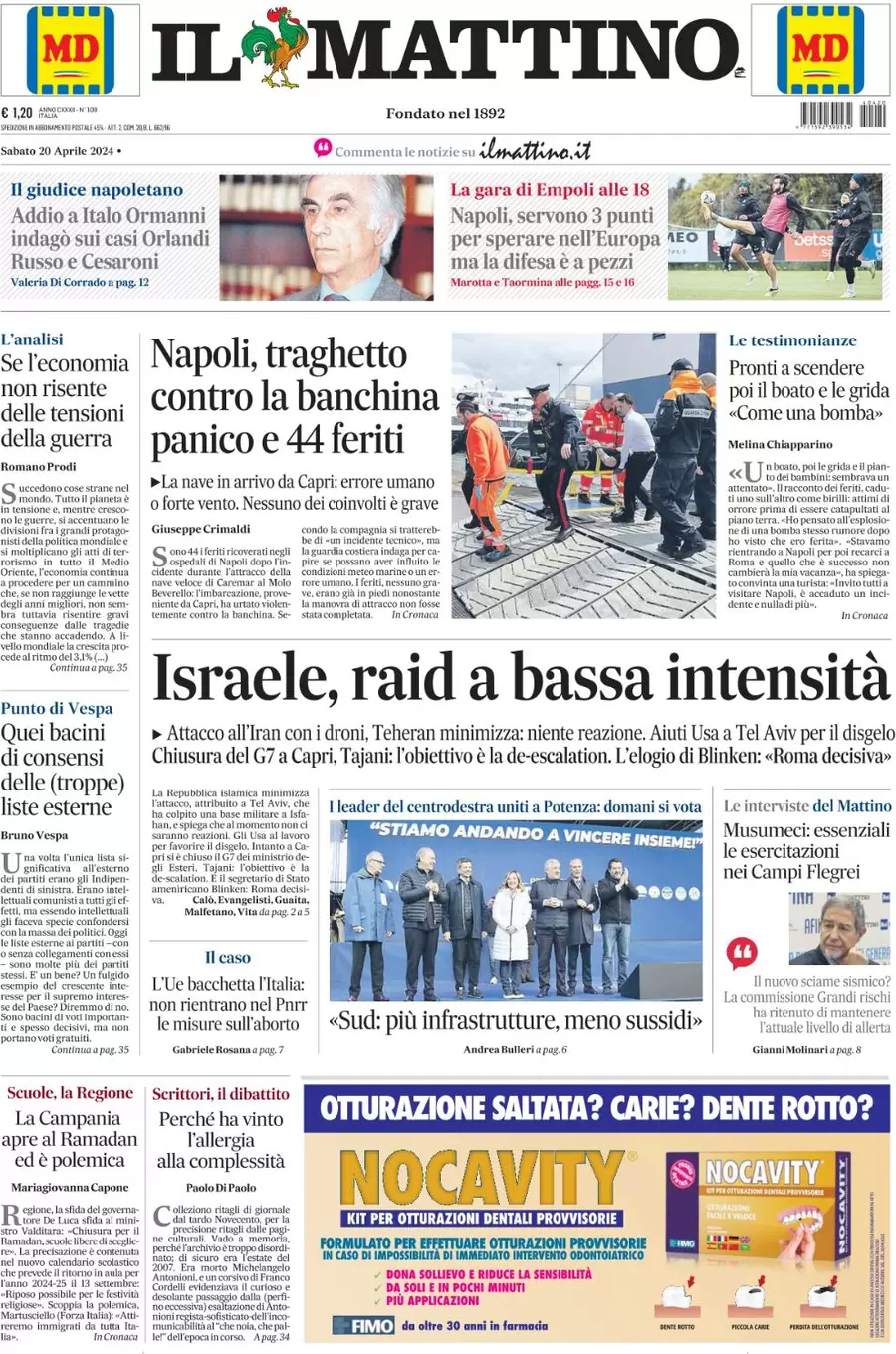 anteprima della prima pagina di il-mattino del 20/04/2024