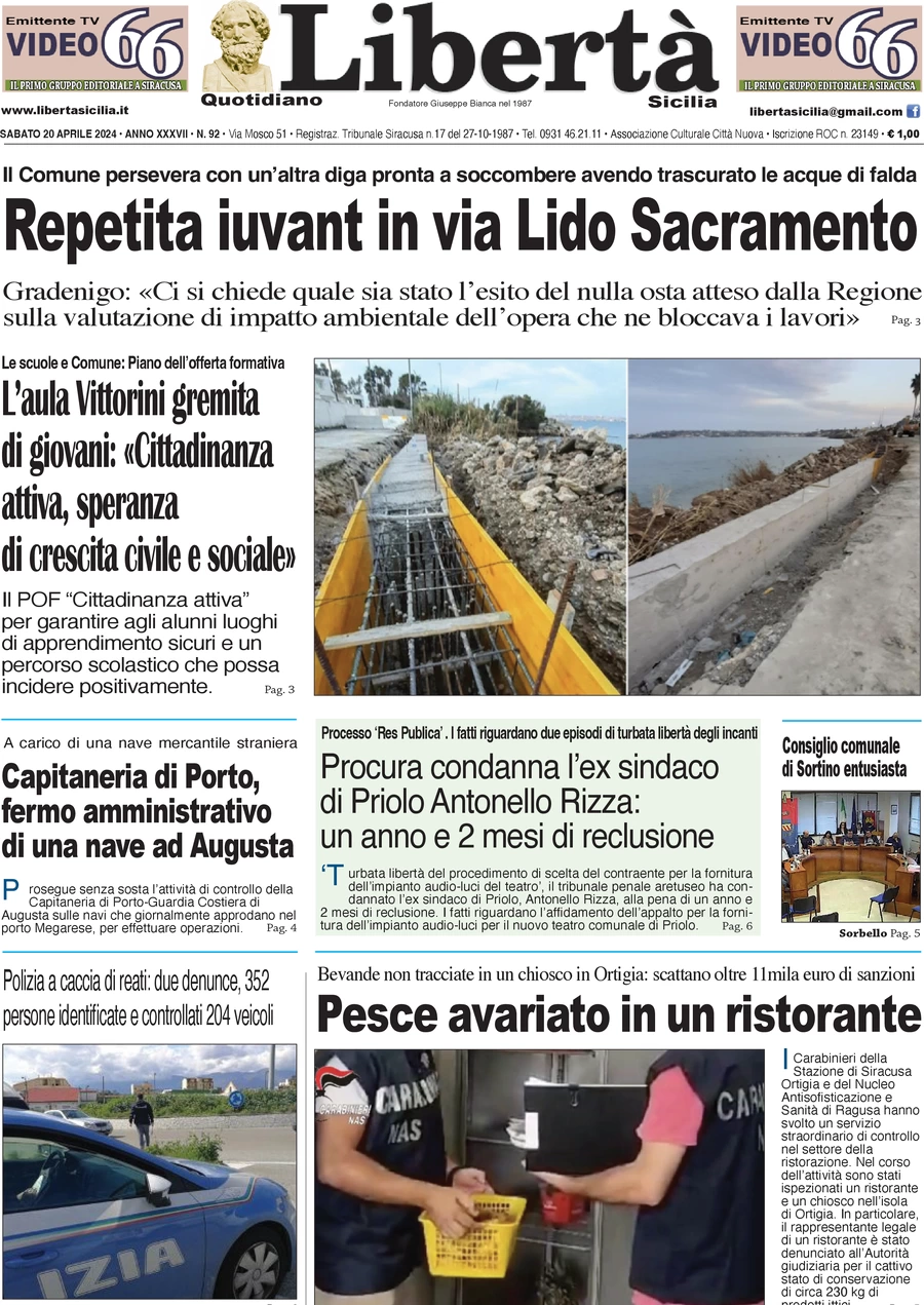 prima pagina - Libert Sicilia del 20/04/2024