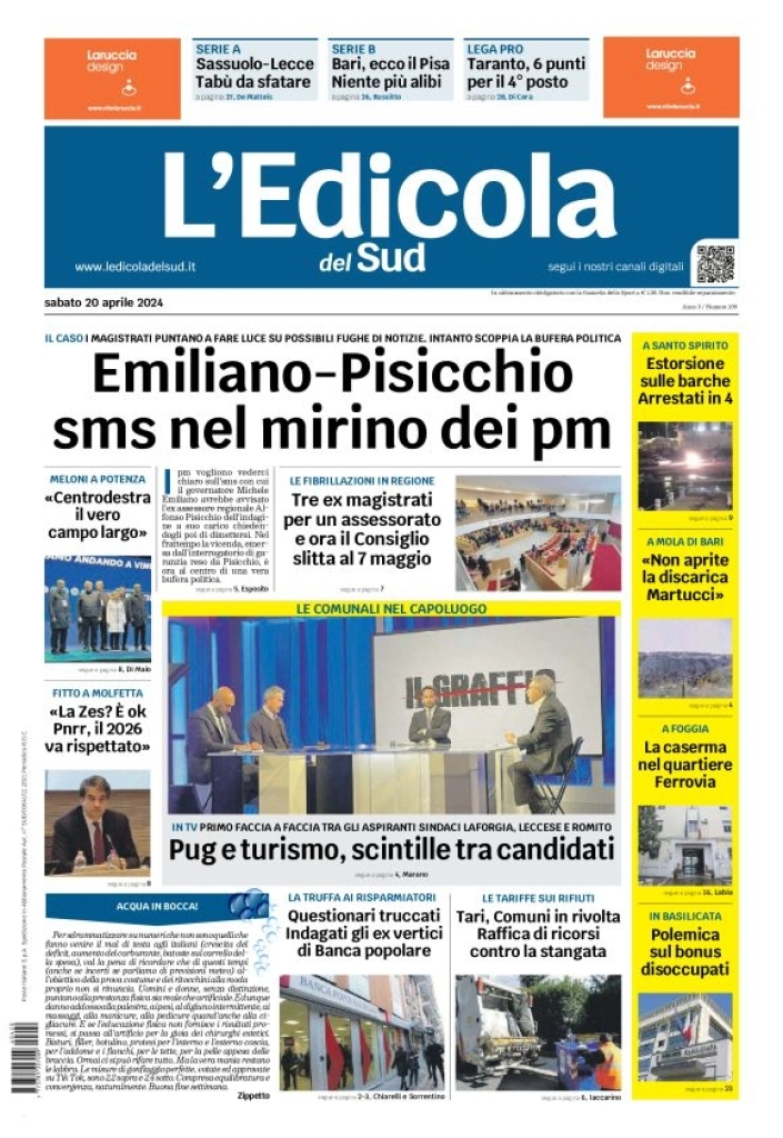 prima pagina - L'Edicola del Sud (Bari, Foggia, Basilicata) del 20/04/2024
