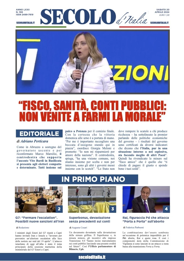 prima pagina - Secolo d'Italia del 20/04/2024