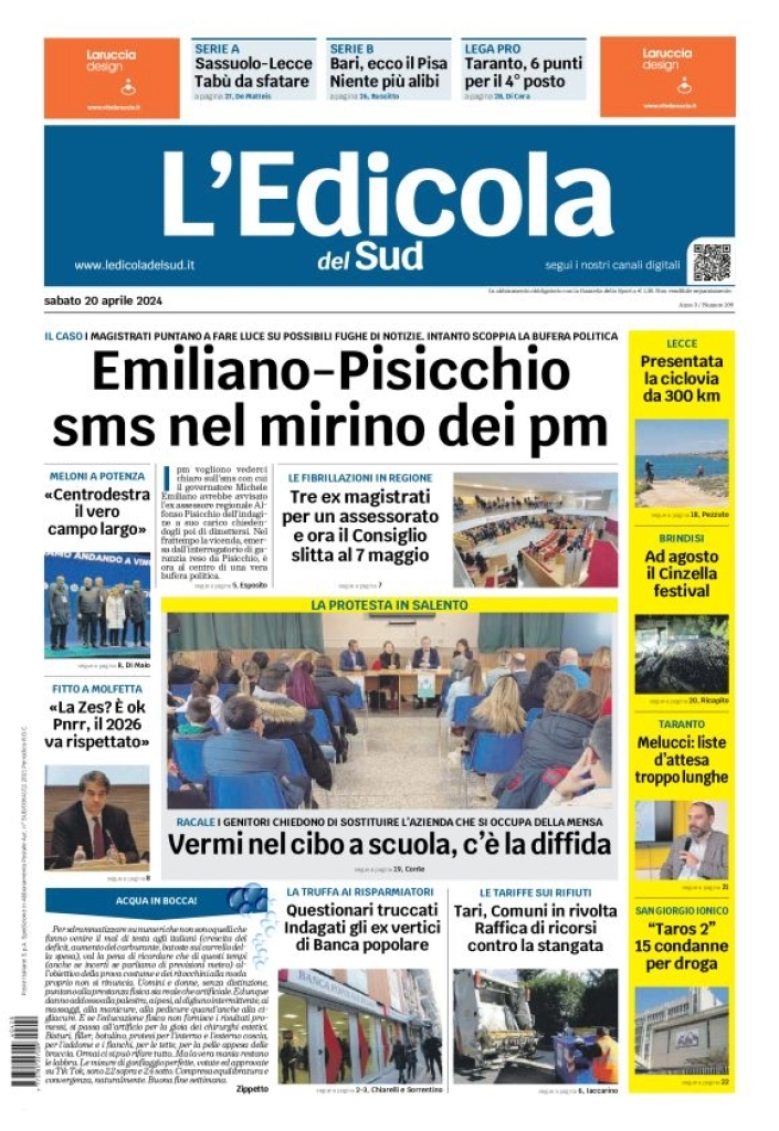 prima pagina - L'Edicola del Sud (Lecce) del 20/04/2024
