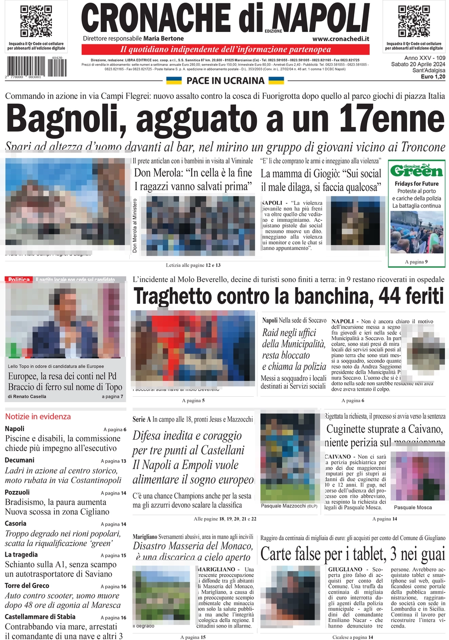 anteprima della prima pagina di cronache-di-napoli del 20/04/2024