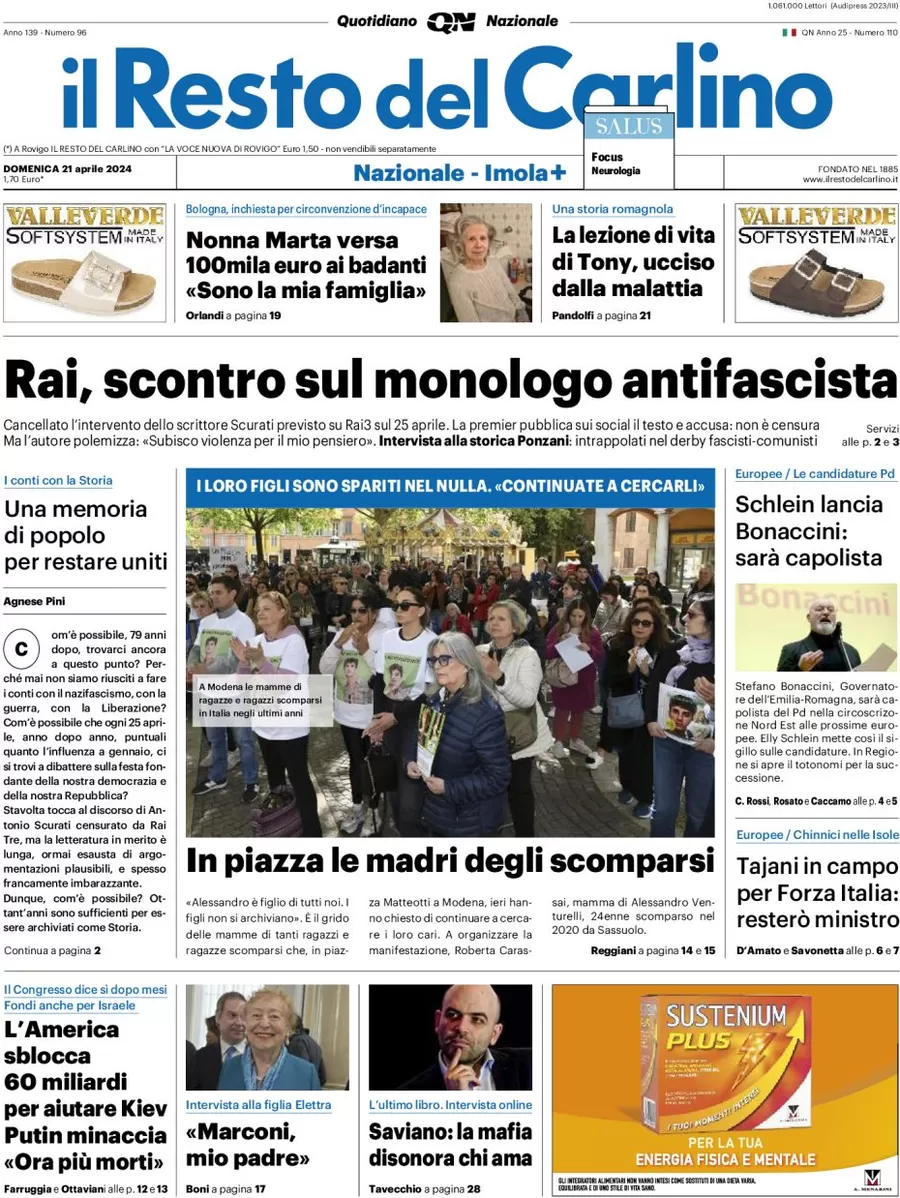 anteprima della prima pagina di il-resto-del-carlino del 21/04/2024