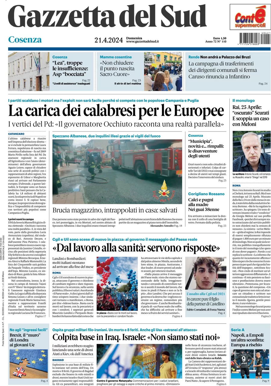 prima pagina - Gazzetta del Sud (Cosenza) del 21/04/2024