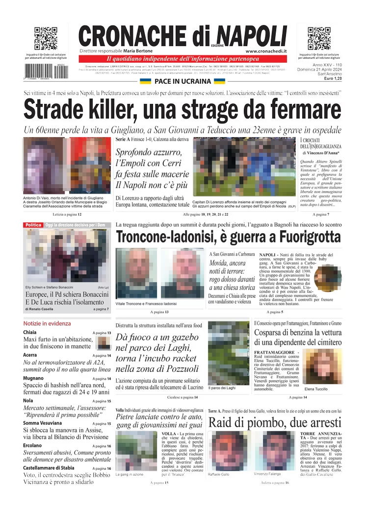 anteprima della prima pagina di cronache-di-napoli del 21/04/2024