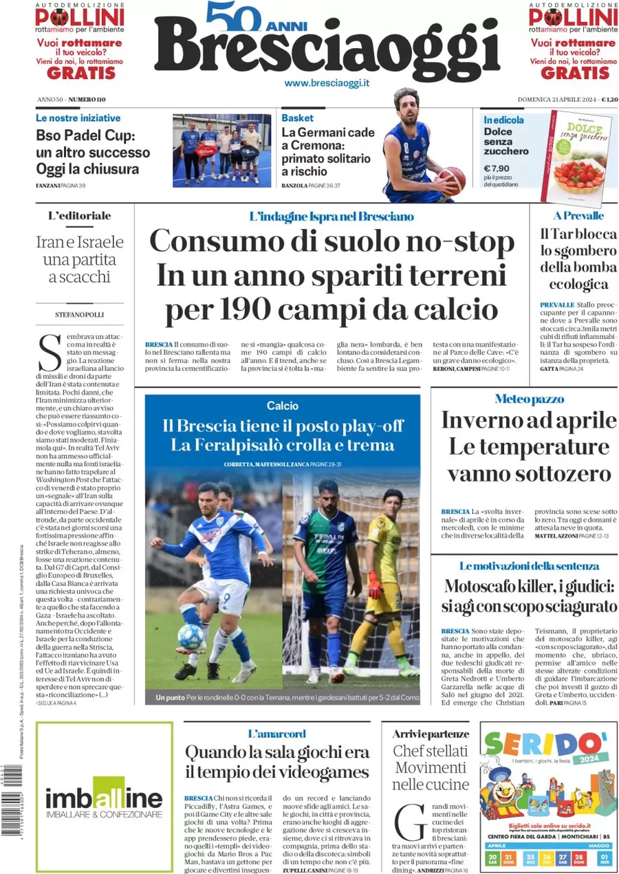 prima pagina - Brescia Oggi del 21/04/2024