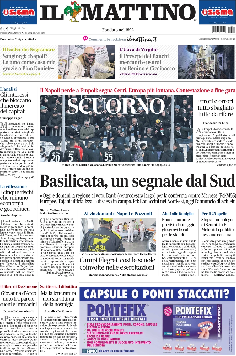 anteprima della prima pagina di il-mattino del 21/04/2024