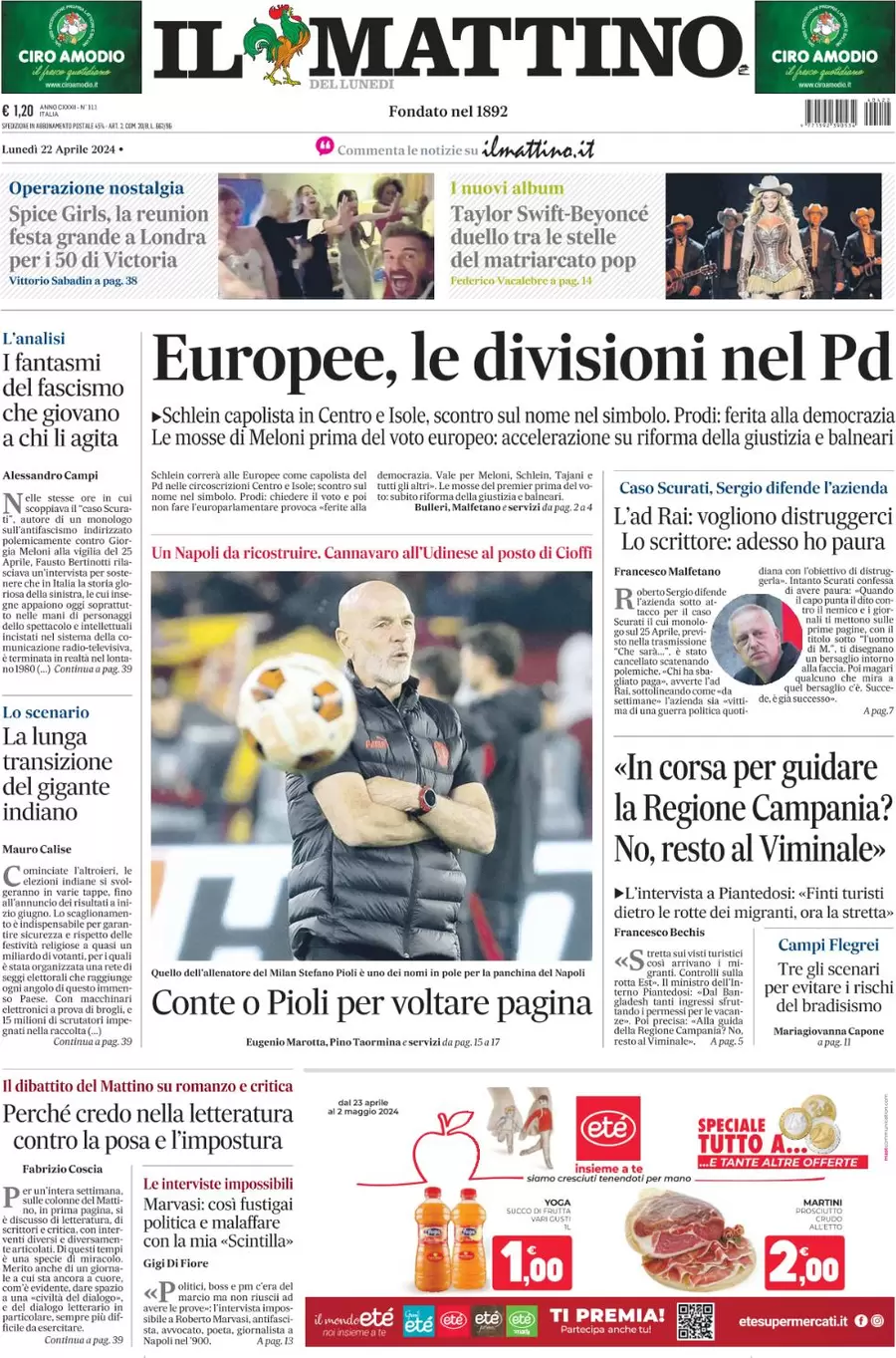 anteprima della prima pagina di il-mattino del 22/04/2024