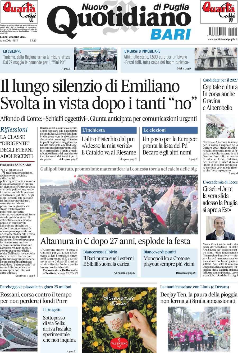 prima pagina - Nuovo Quotidiano di Puglia (Bari) del 22/04/2024