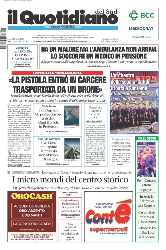 prima pagina - Il Quotidiano del Sud (Cosenza) del 22/04/2024
