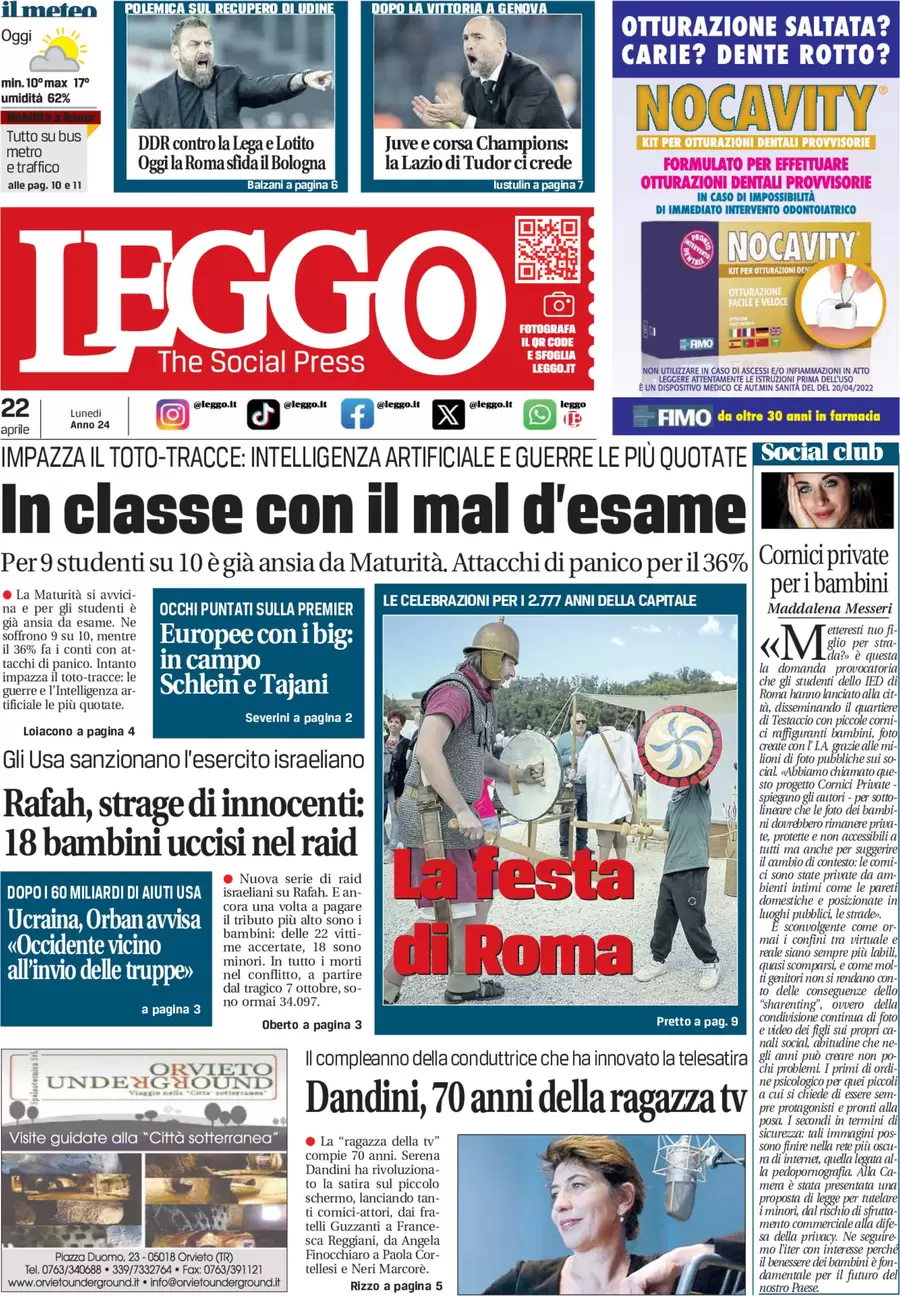 anteprima della prima pagina di leggo-roma del 22/04/2024