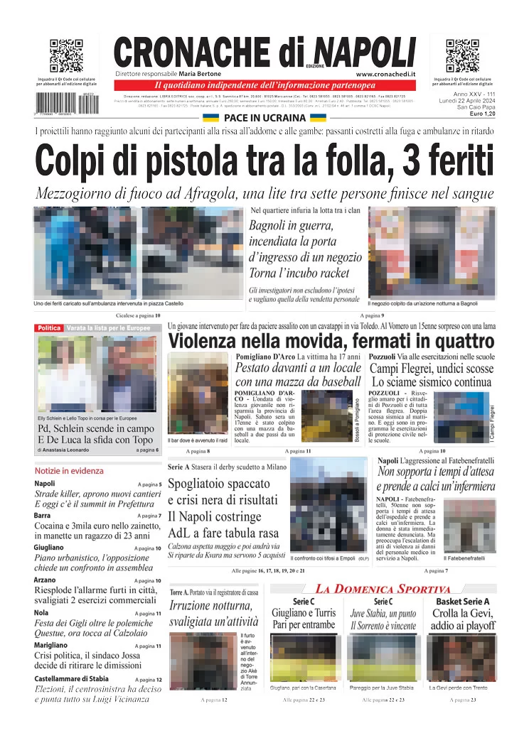 anteprima della prima pagina di cronache-di-napoli del 22/04/2024