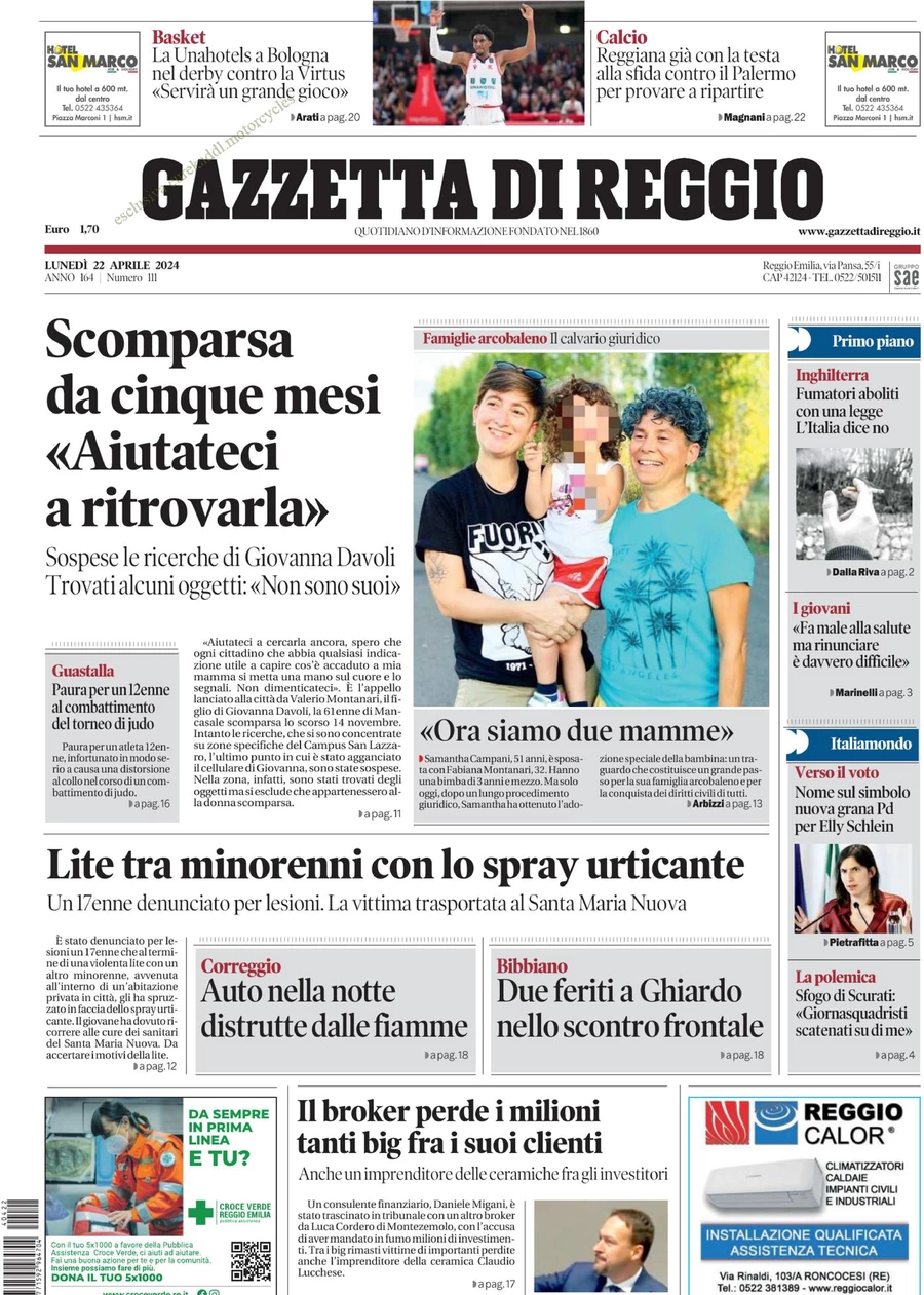 prima pagina - Gazzetta di Reggio del 22/04/2024