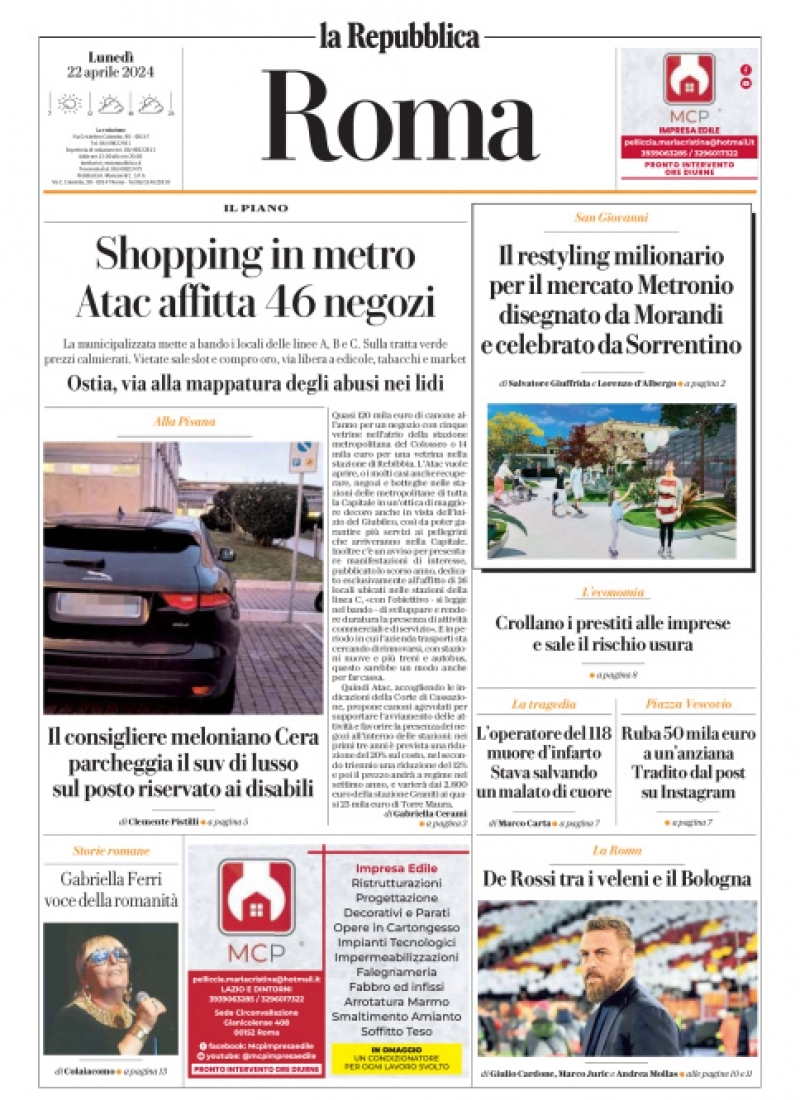 prima pagina - La Repubblica (Roma) del 22/04/2024