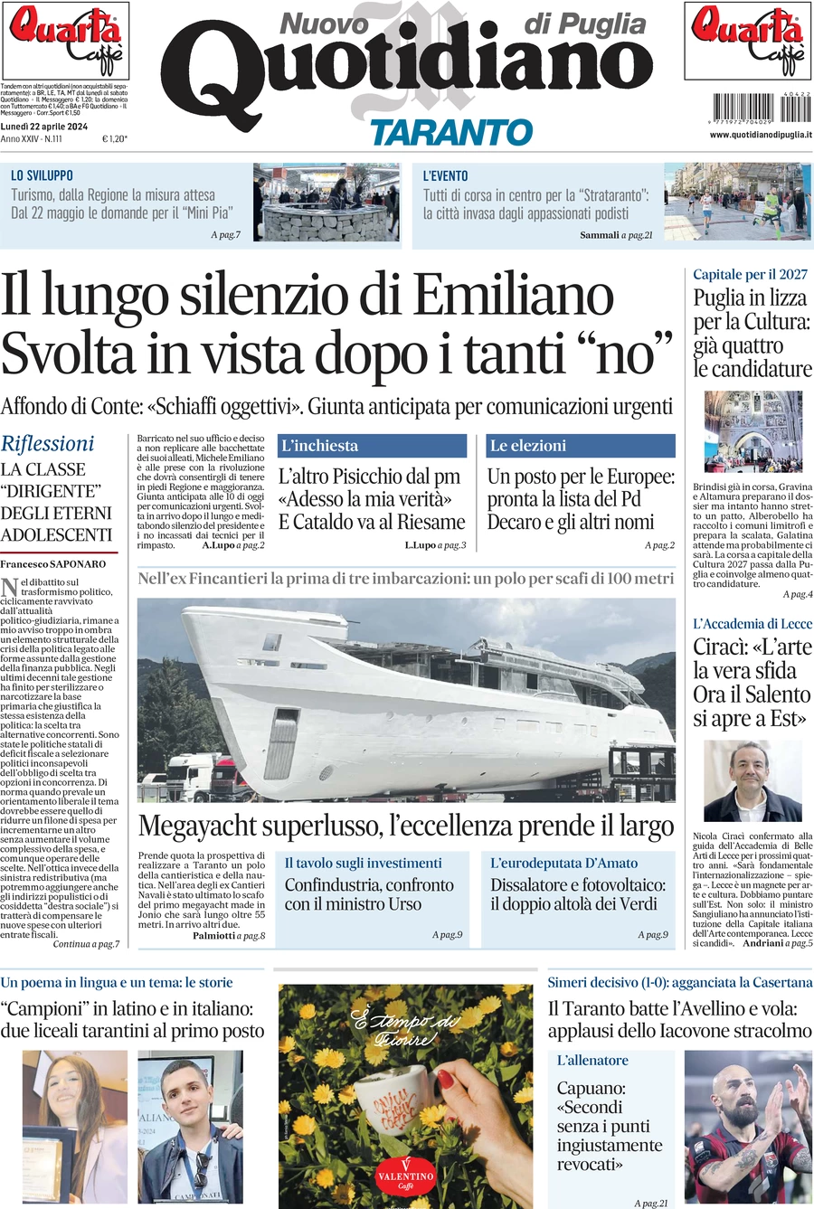 prima pagina - Nuovo Quotidiano di Puglia (Taranto) del 22/04/2024
