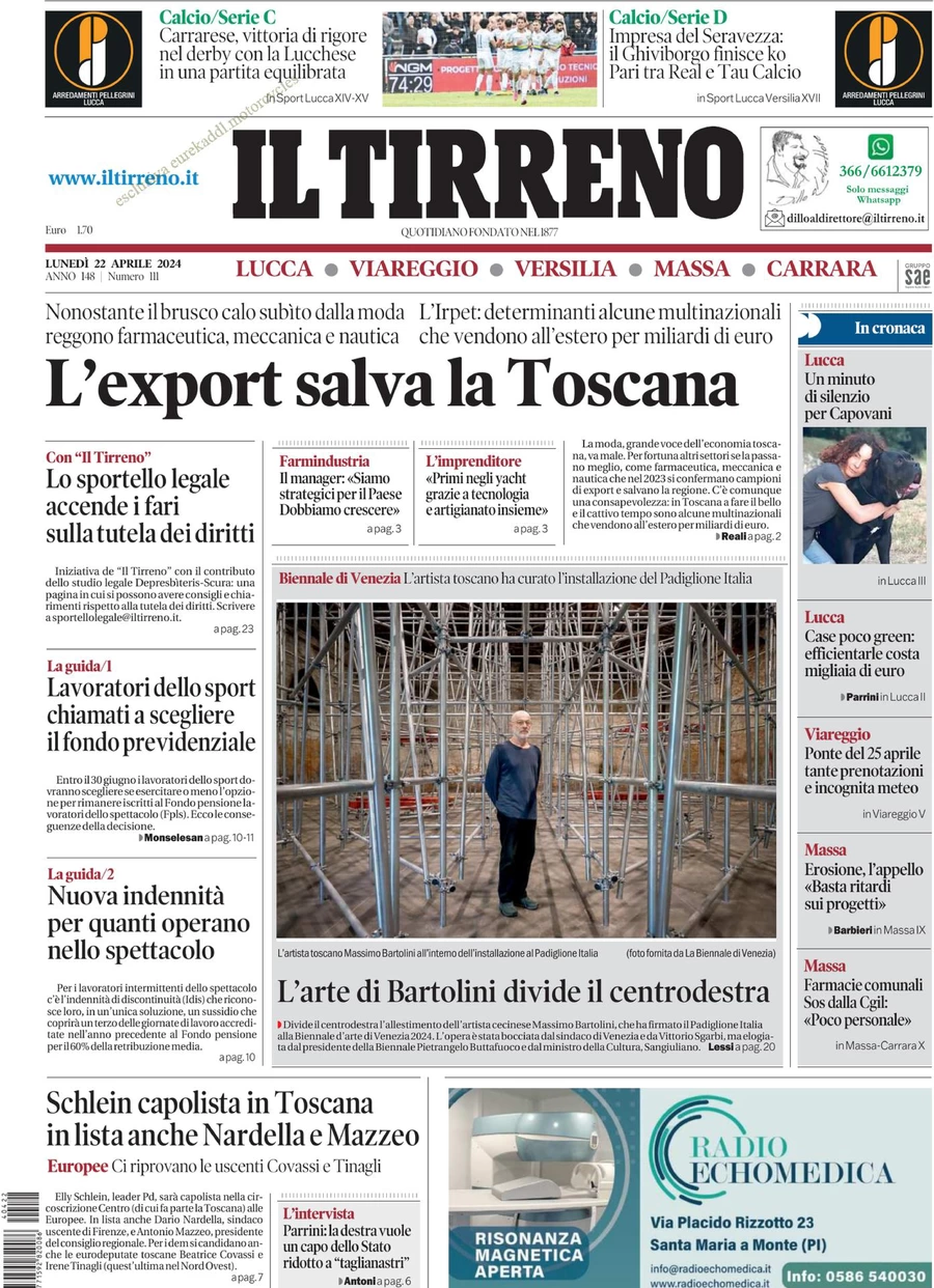 prima pagina - Il Tirreno (Lucca, Viareggio) del 22/04/2024