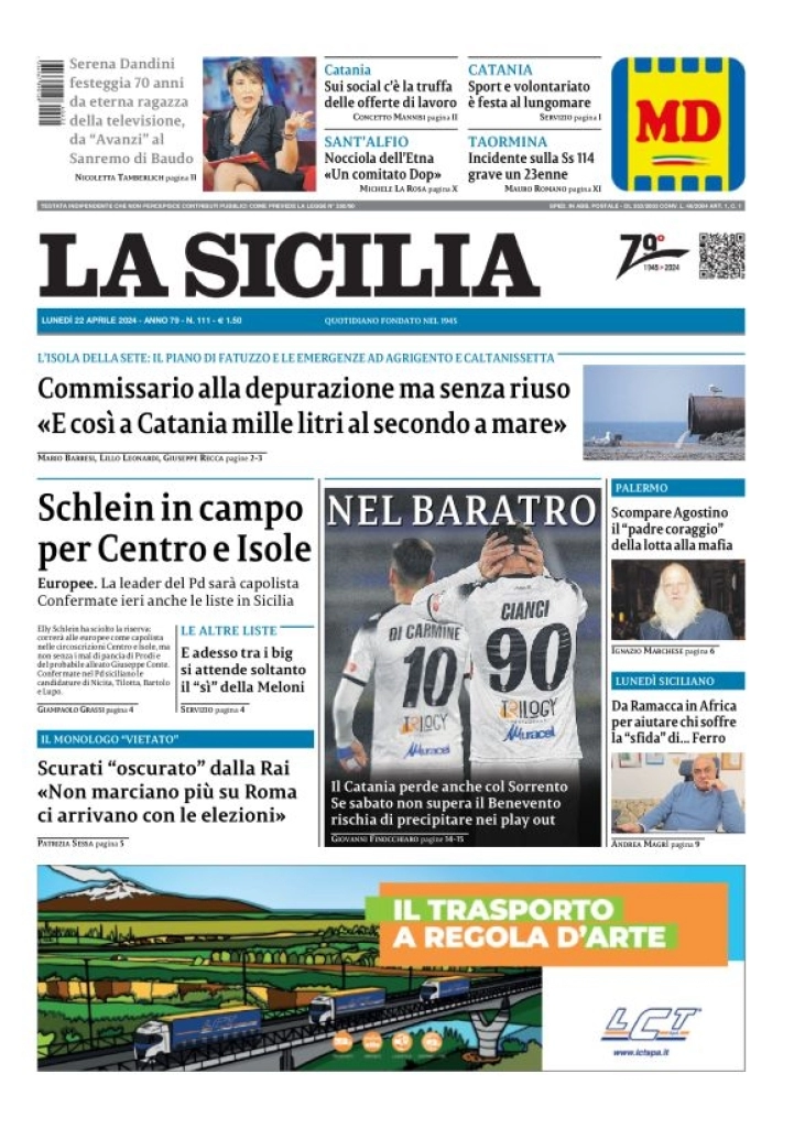 prima pagina - La Sicilia del 22/04/2024