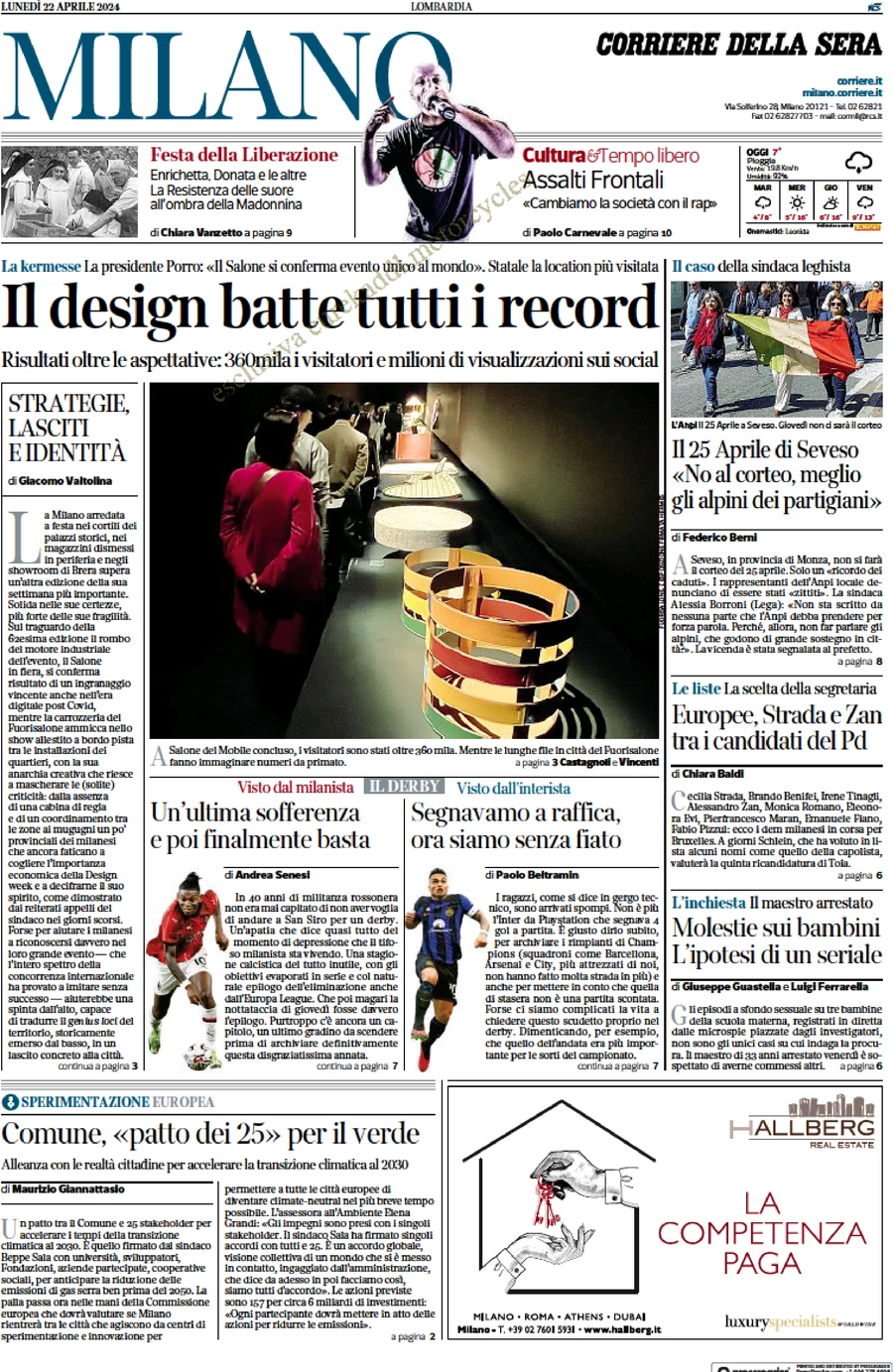 prima pagina - Corriere della Sera (Milano) del 22/04/2024