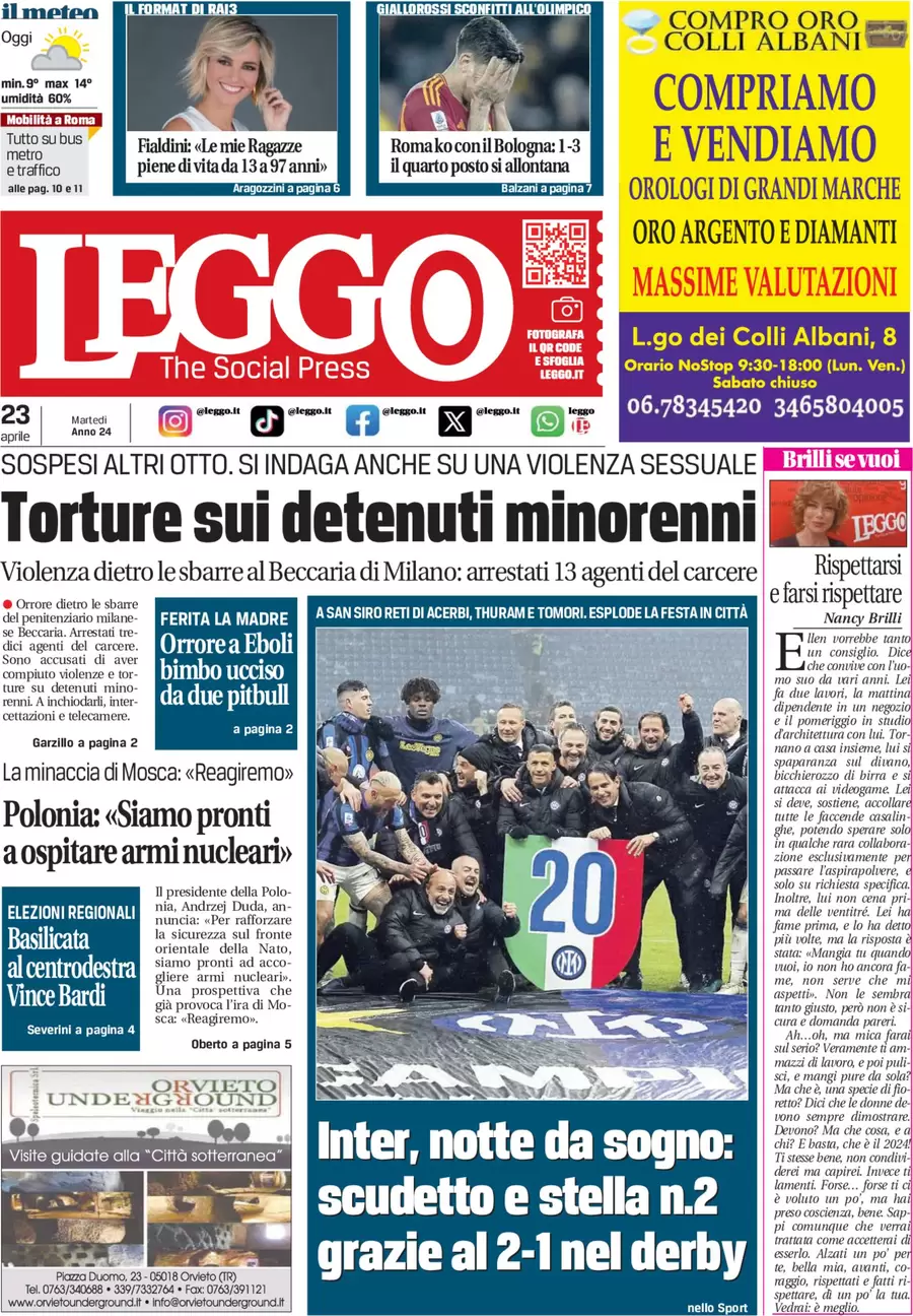 anteprima della prima pagina di leggo-roma del 23/04/2024