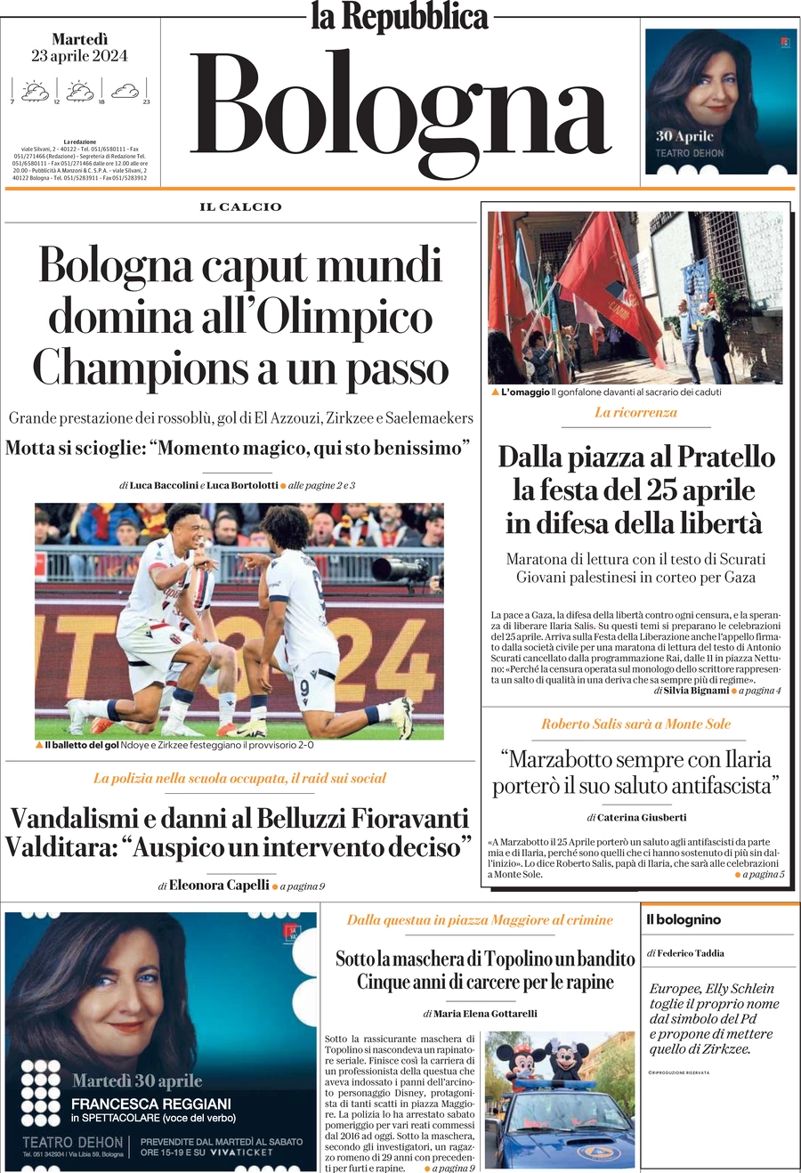prima pagina - La Repubblica (Bologna) del 23/04/2024