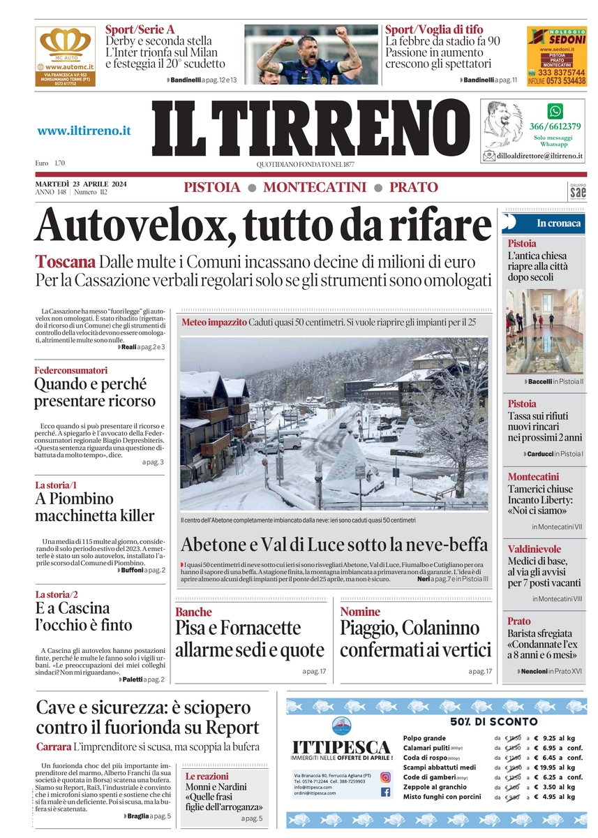 prima pagina - Il Tirreno (Pistoia, Montecatini, Prato) del 23/04/2024
