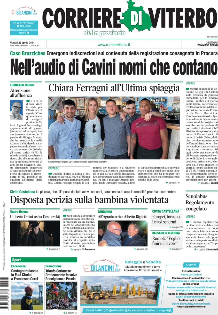 prima pagina - Corriere di Viterbo del 23/04/2024