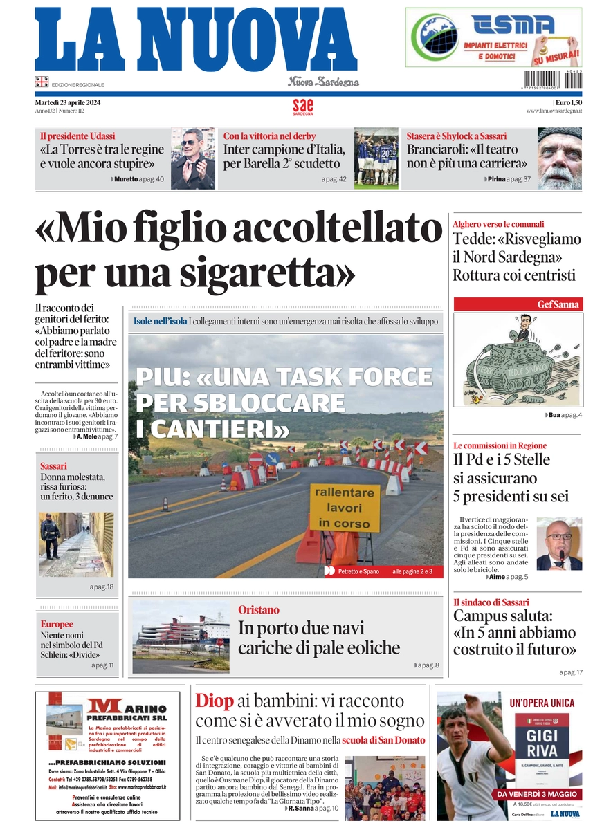 prima pagina - La Nuova Sardegna del 23/04/2024