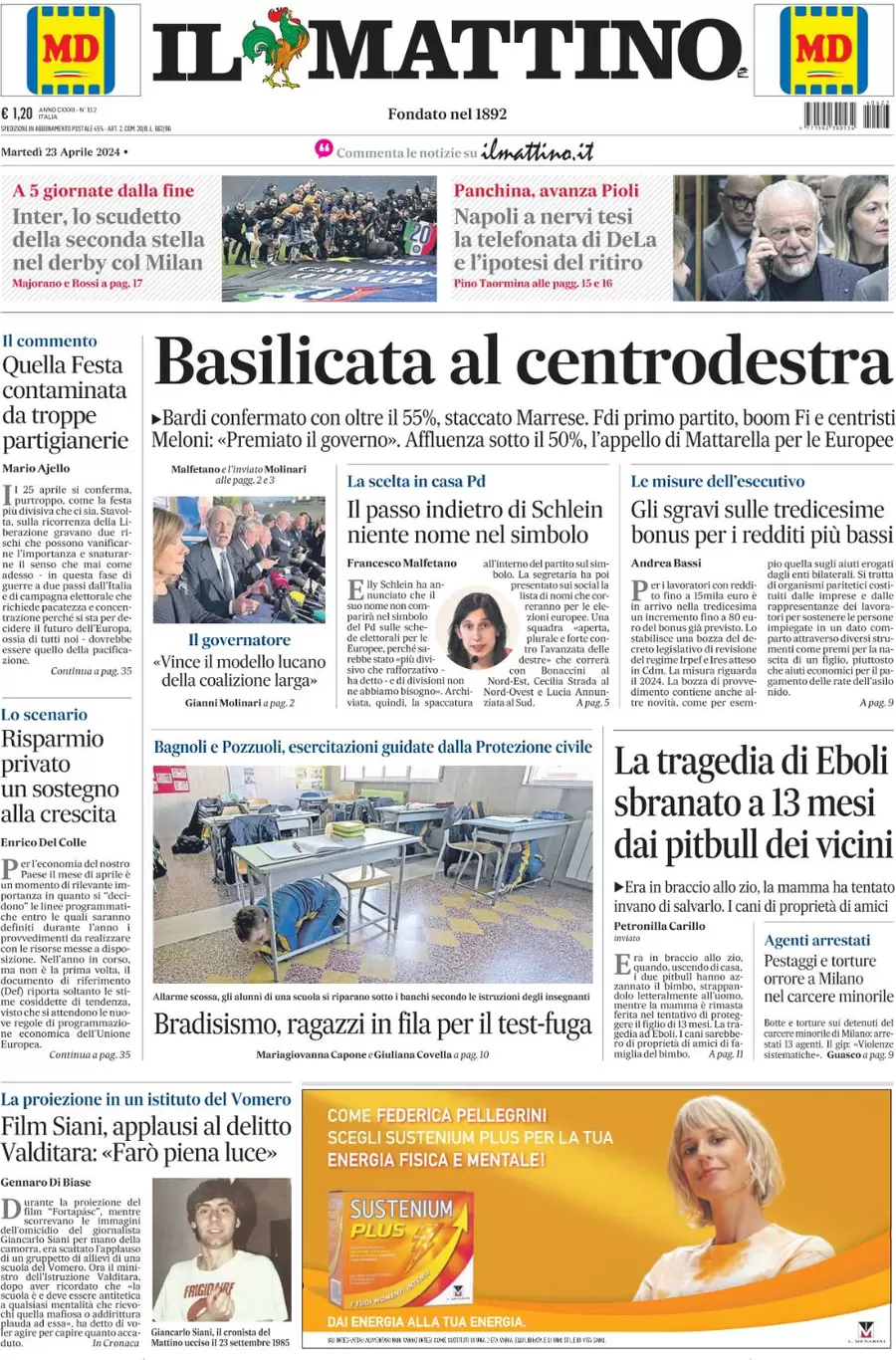 anteprima della prima pagina di il-mattino del 23/04/2024