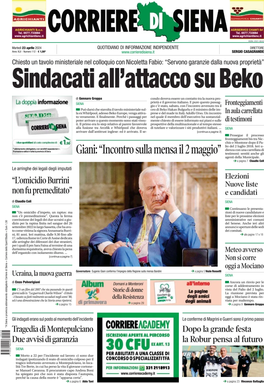 prima pagina - Corriere di Siena del 23/04/2024
