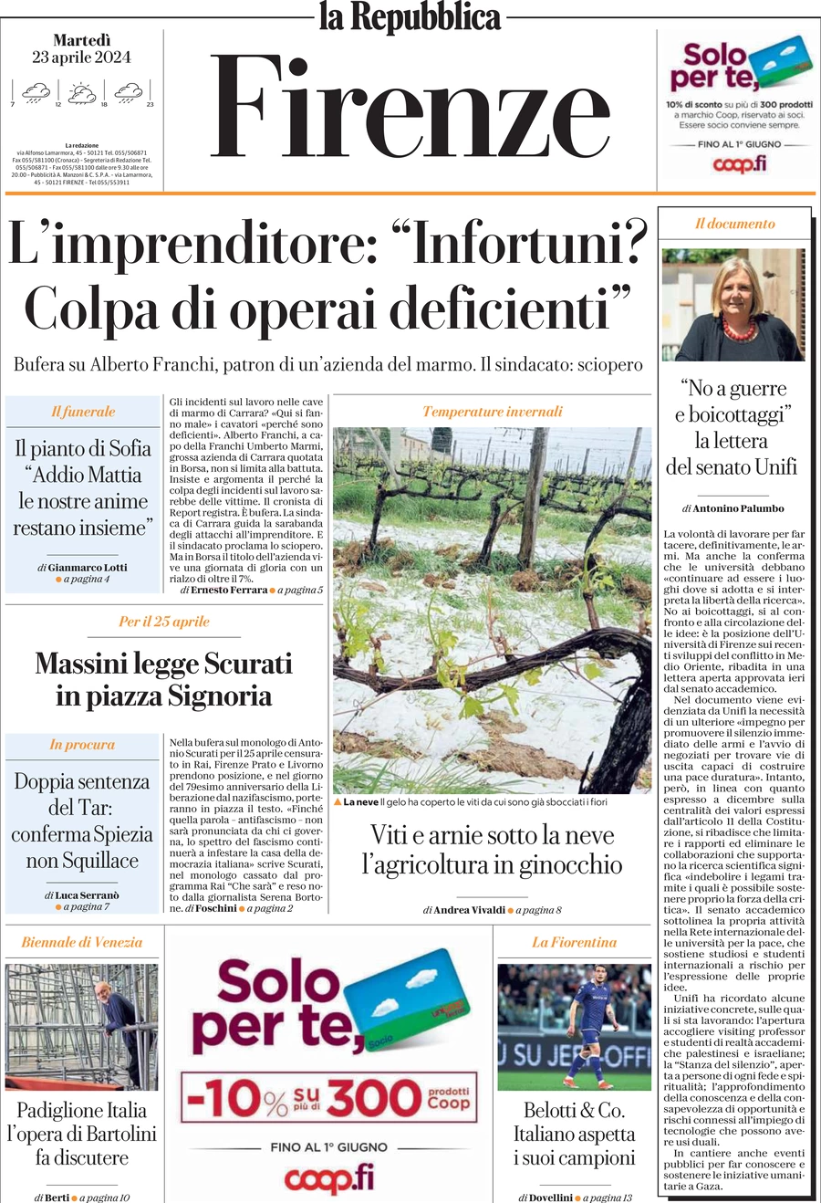 prima pagina - La Repubblica (Firenze) del 23/04/2024