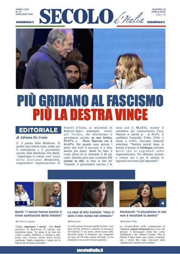 prima pagina - Secolo d'Italia del 23/04/2024