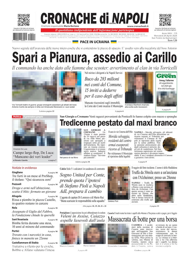 anteprima della prima pagina di cronache-di-napoli del 24/04/2024