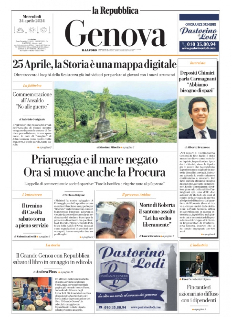 prima pagina - La Repubblica (Genova) del 24/04/2024